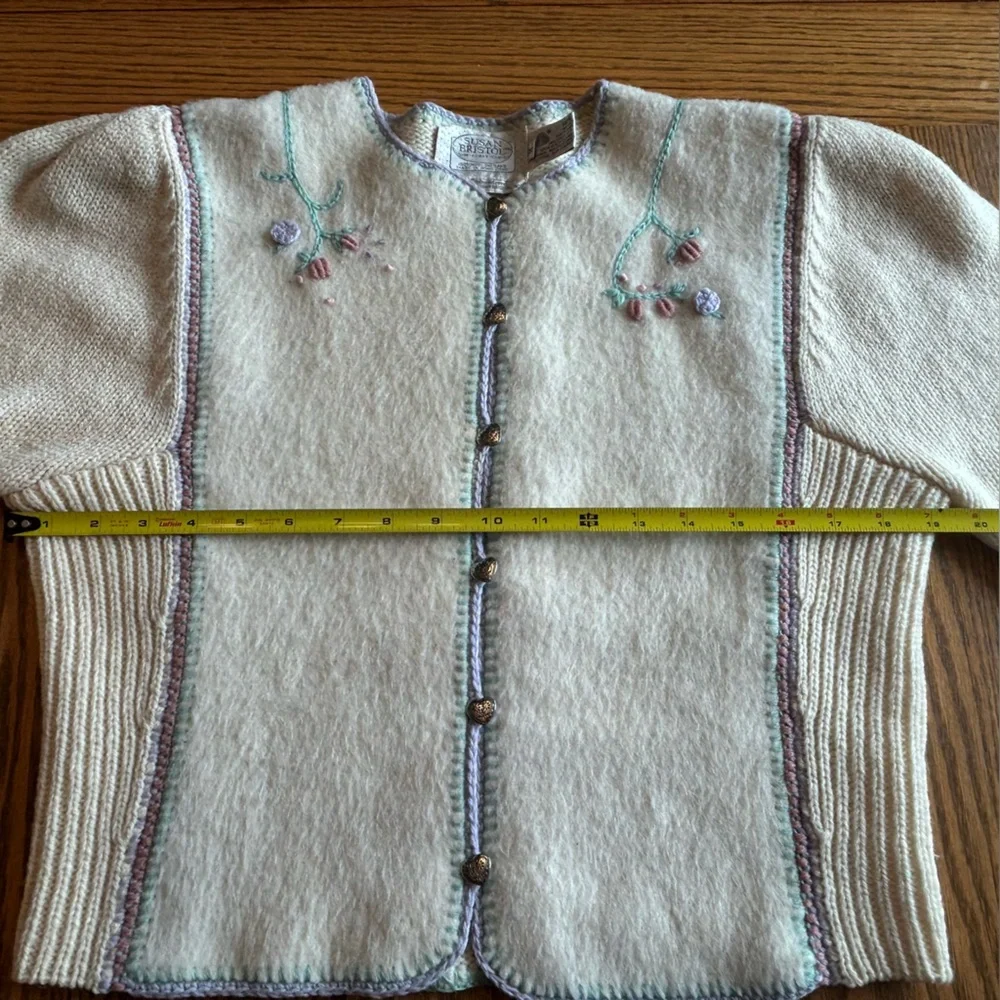 Susan Bristol Wool Cream Cardigan with Floral Accents and Silver Heart Buttons - Picture 10 of 14